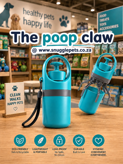 Blue pet waste bag dispenser with 'The poop claw' branding in a store setting.
